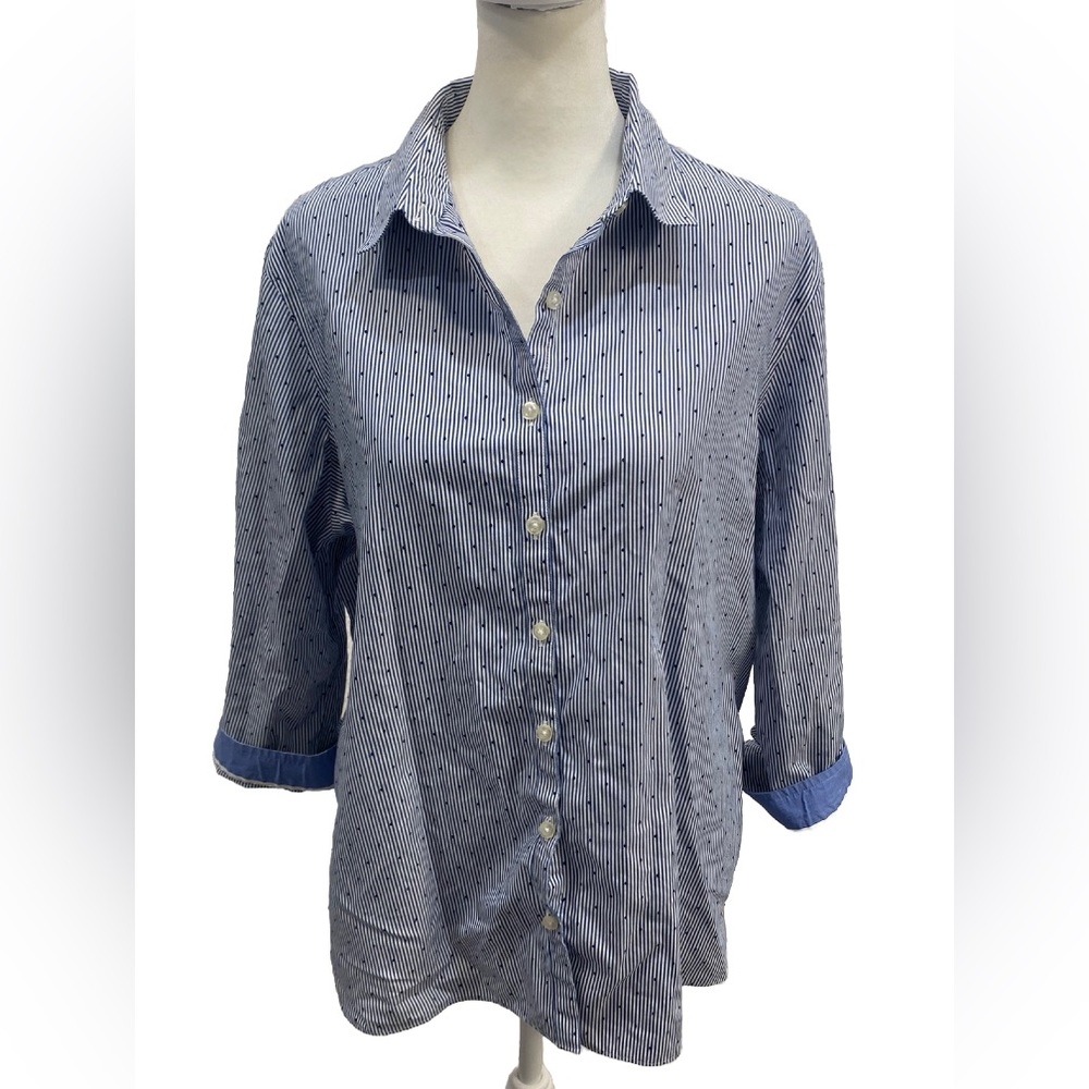 Lands’ End- No Iron Supima Cotton Blue/White Stripes & Dots Blouse- Size 16